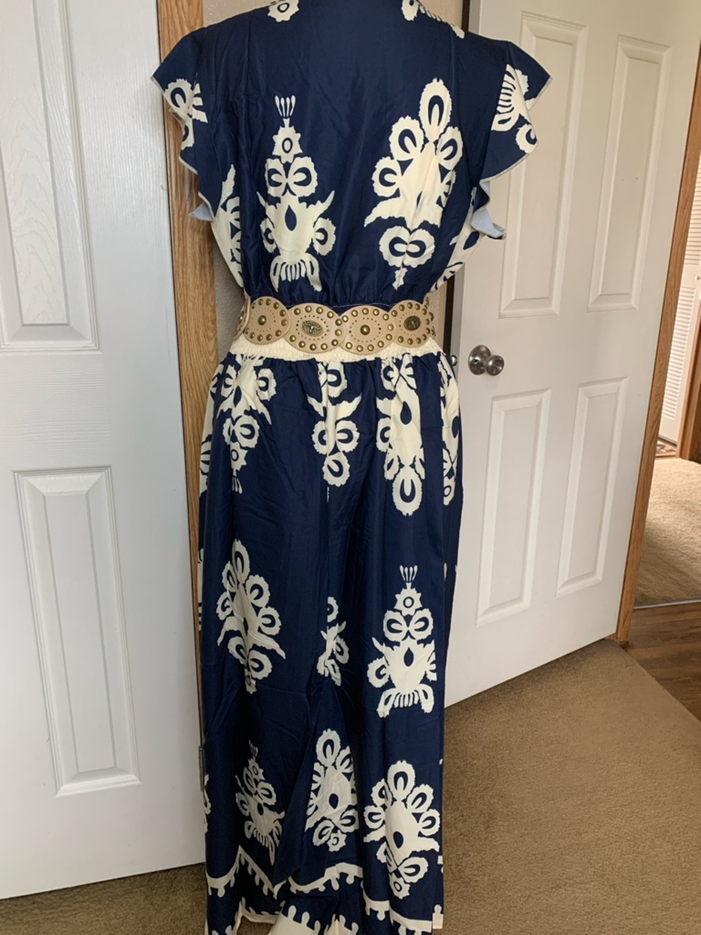 BOHO Style Navy Blue & Cream Maxi Dress - Picture 4 of 6